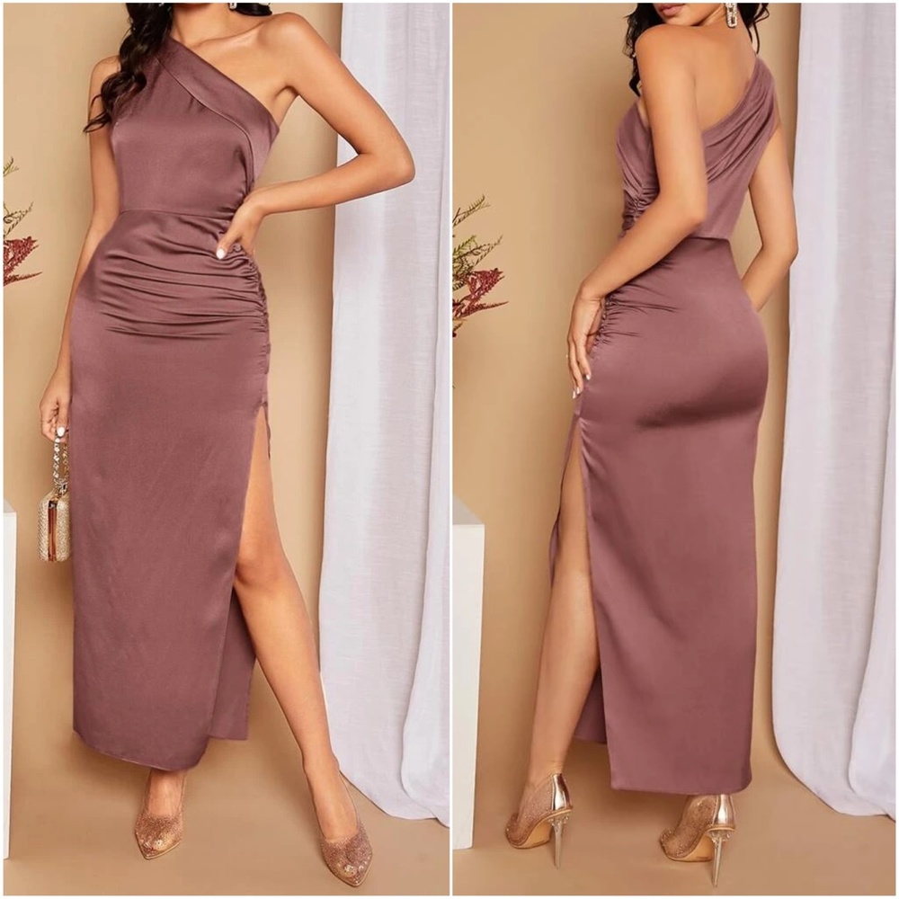 Luxe One Shoulder Satin Formal Evening party Dress - Picture 7 of 8